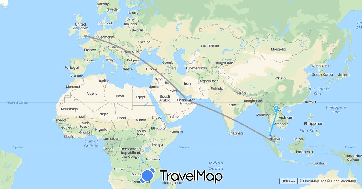TravelMap itinerary: driving, plane, boat in United Arab Emirates, United Kingdom, Malaysia, Thailand (Asia, Europe)