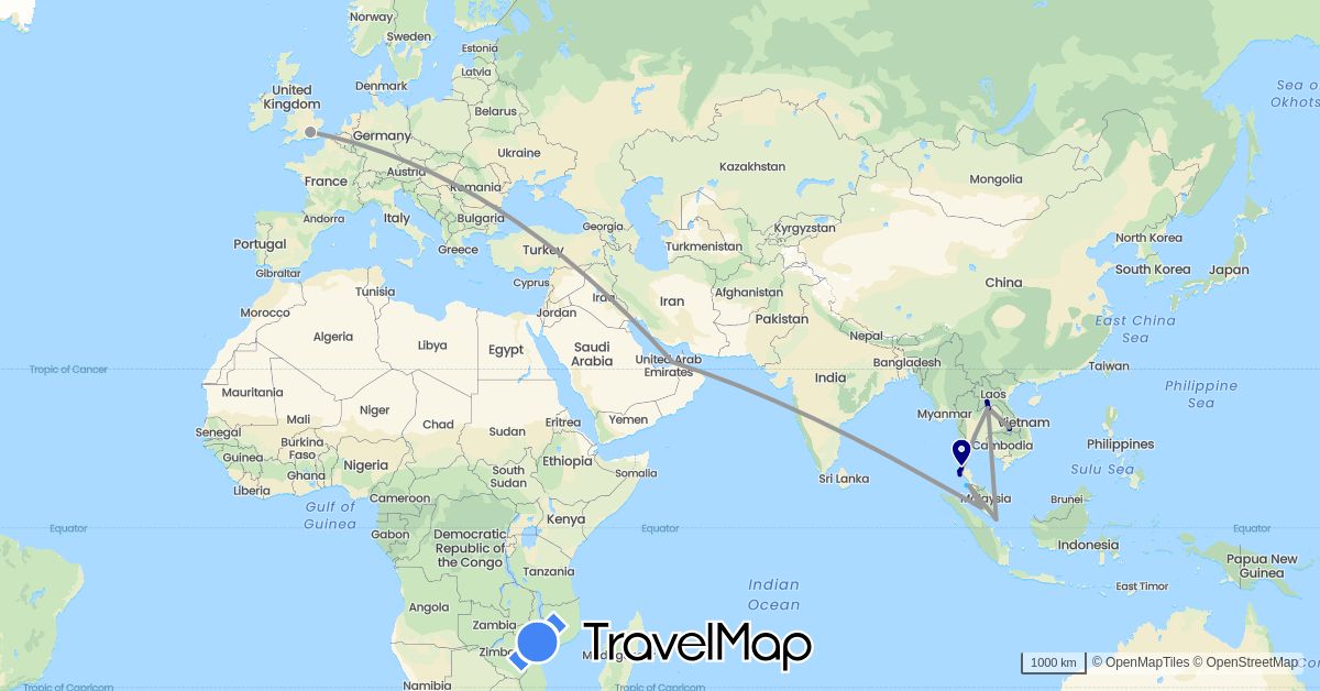 TravelMap itinerary: driving, plane, boat in United Arab Emirates, United Kingdom, Laos, Malaysia, Singapore, Thailand (Asia, Europe)